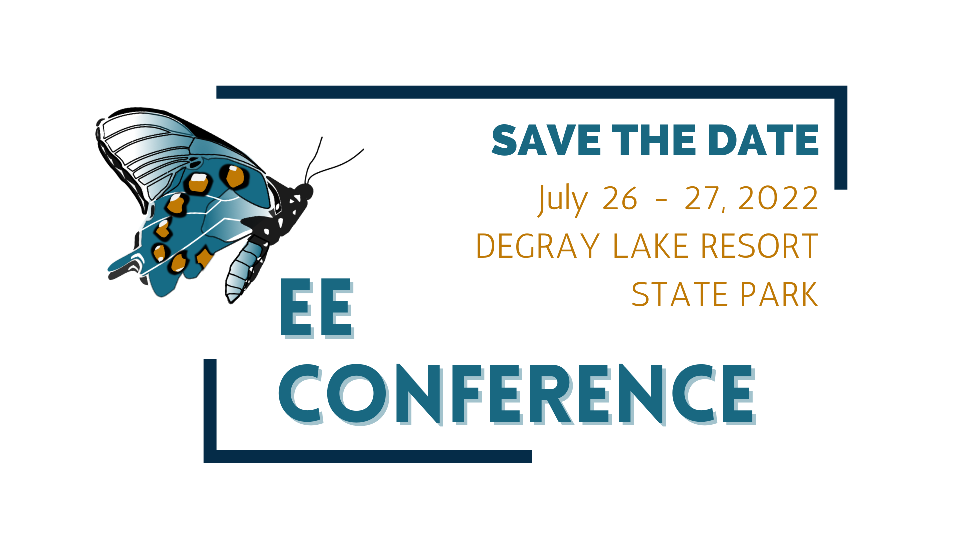 Conference image with butterfly, July date, and location