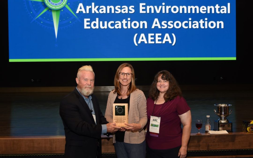 man presents award to AEEA staff in front of a blue screen with award title and organization name.