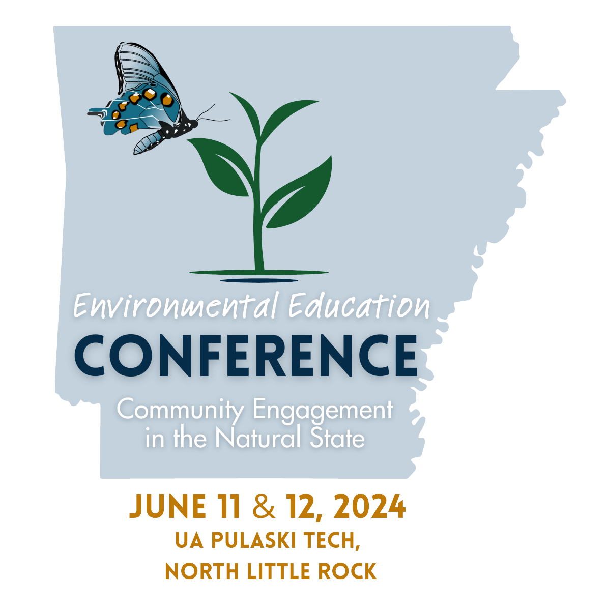 shape of Arkansas with butterfly and plant, conference title, and conference dates