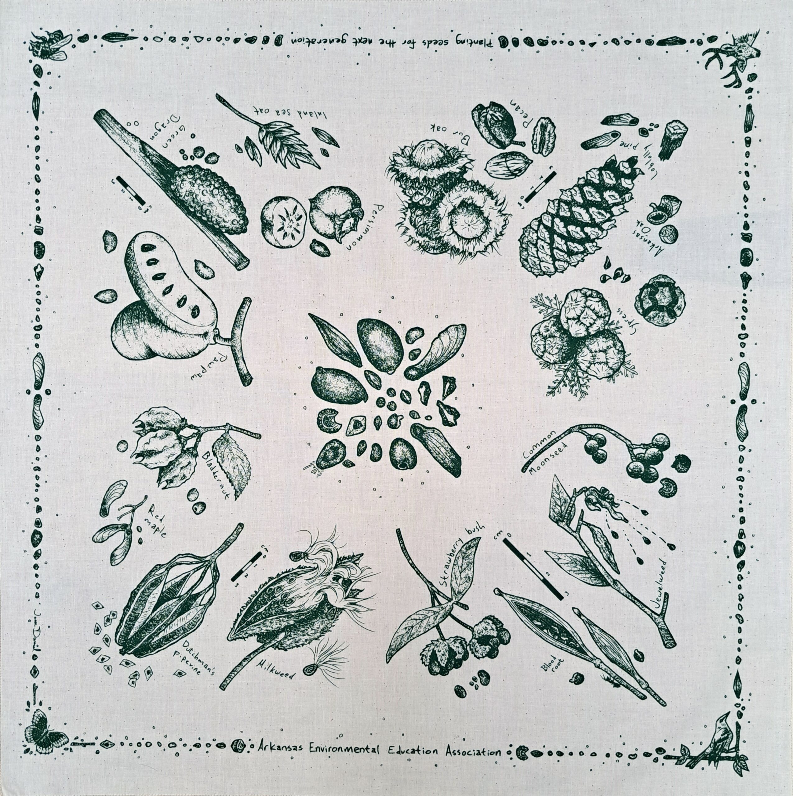 square bandana with images of seeds from plants in Arkansas