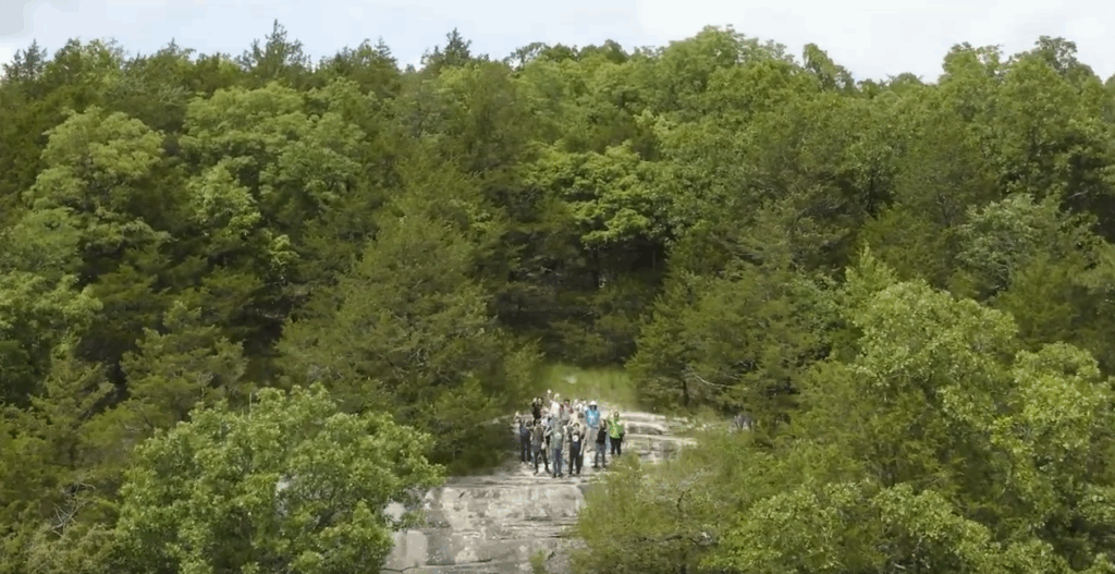 Small group of people standing on a bluff at the edge of the woods.